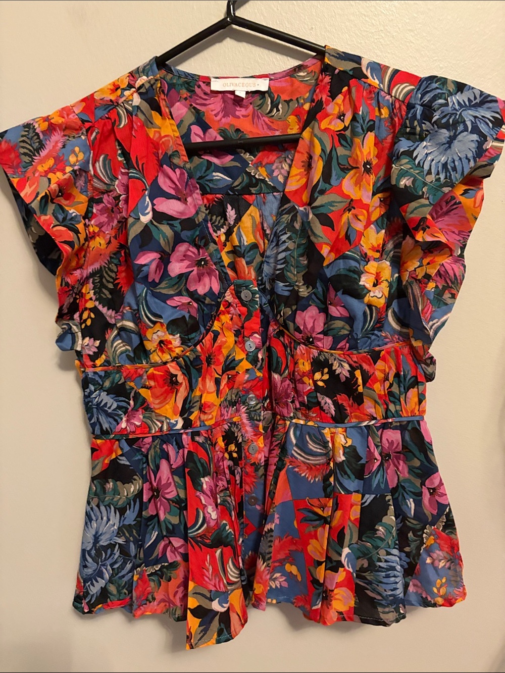 Olivaceous Floral Cotton Top in Blue with Pink & Orange Accents
